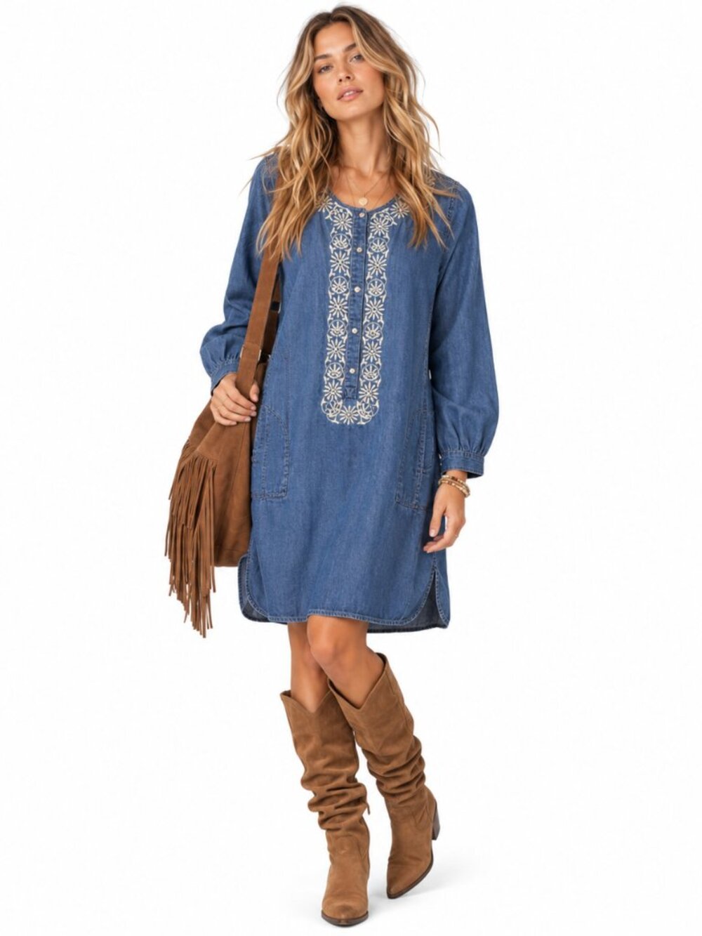 J.Jill Chambray Dress Womens M Embroidered 3/4 Sleeve Pockets Boho Western